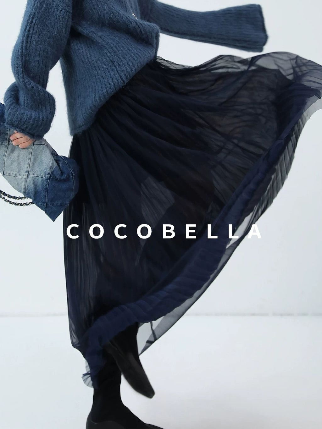 COCOBELLA High Waist Pleated Tulle Bow Elegant A Line Women Polyester Midnight Blue Skirts