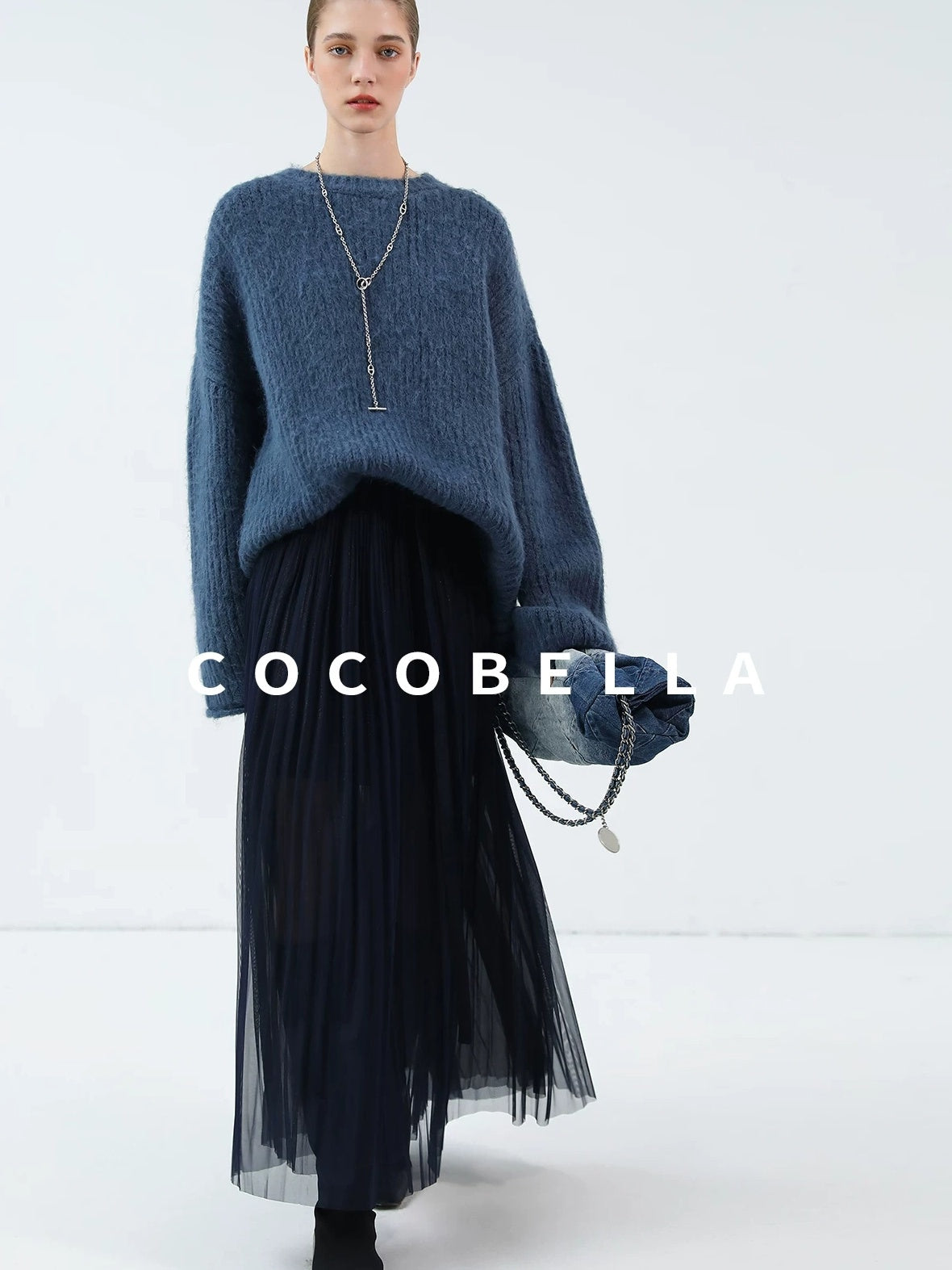 COCOBELLA High Waist Pleated Tulle Bow Elegant A Line Women Polyester Midnight Blue Skirts
