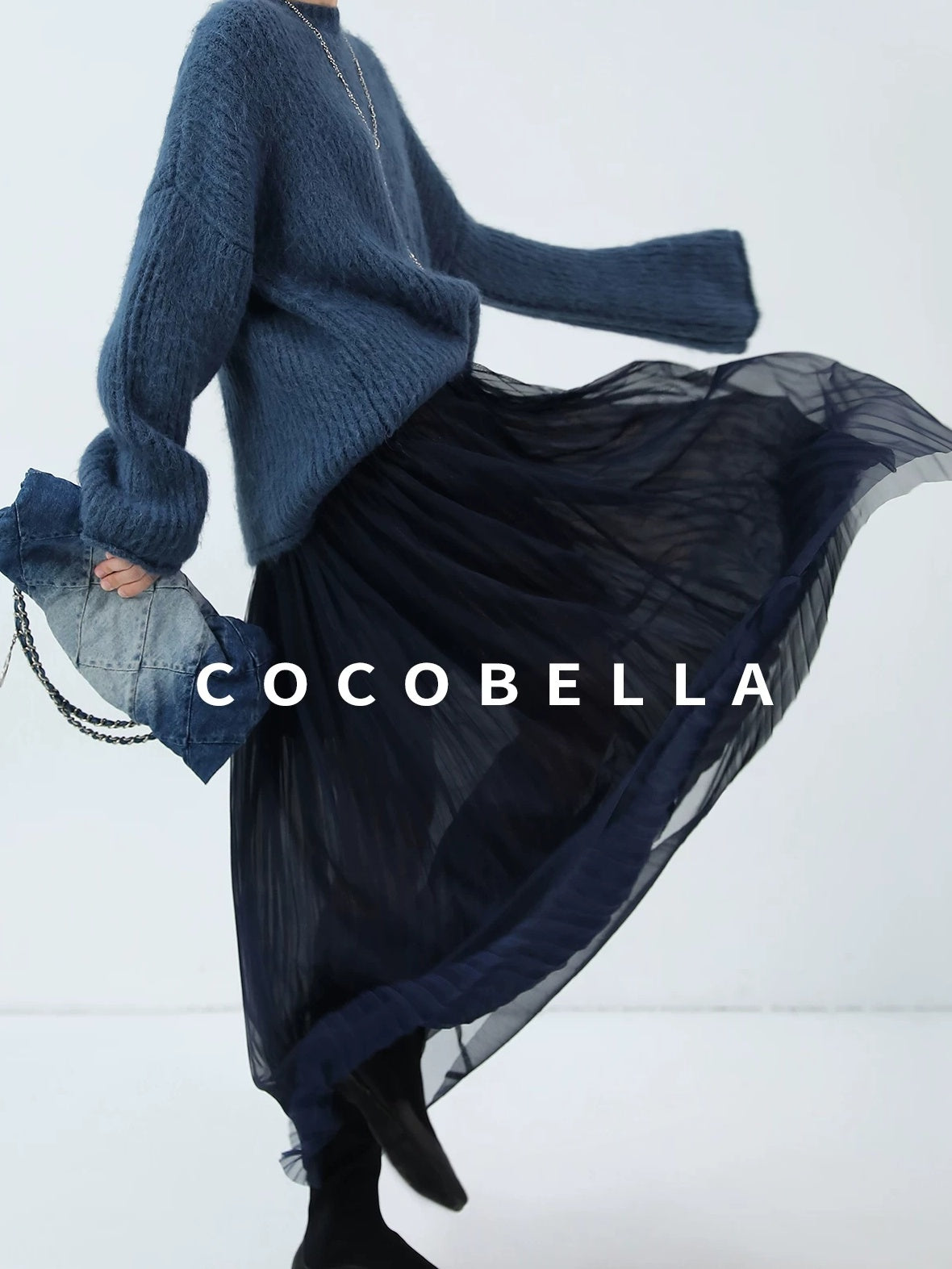 COCOBELLA High Waist Pleated Tulle Bow Elegant A Line Women Polyester Midnight Blue Skirts