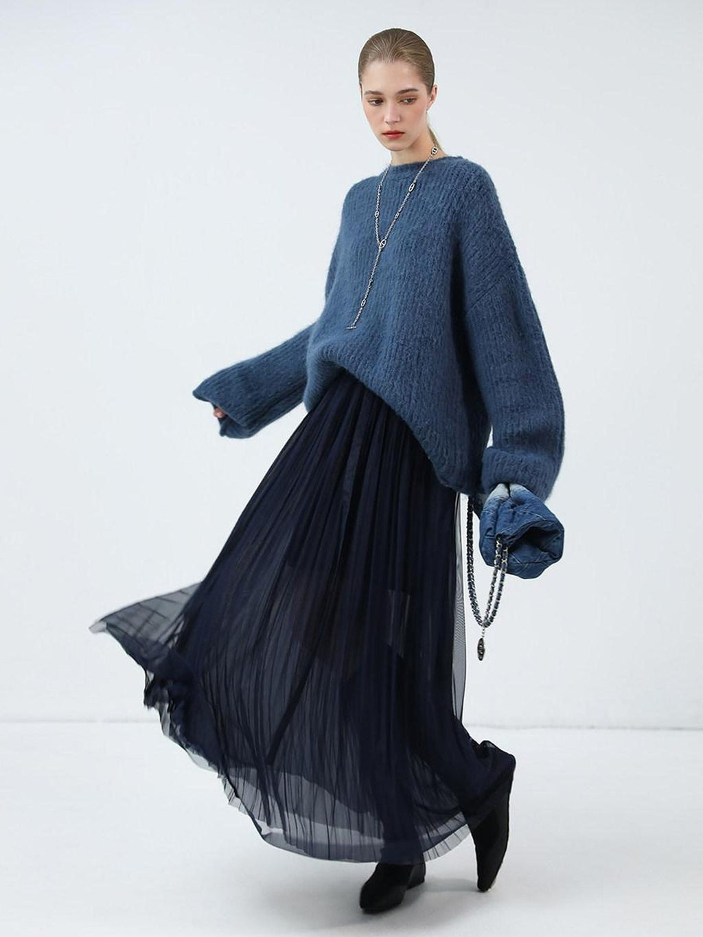 COCOBELLA High Waist Pleated Tulle Bow Elegant A Line Women Polyester Midnight Blue Skirts