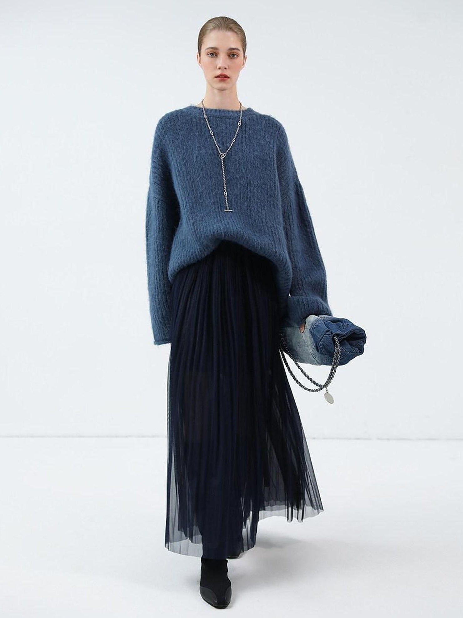 COCOBELLA High Waist Pleated Tulle Bow Elegant A Line Women Polyester Midnight Blue Skirts