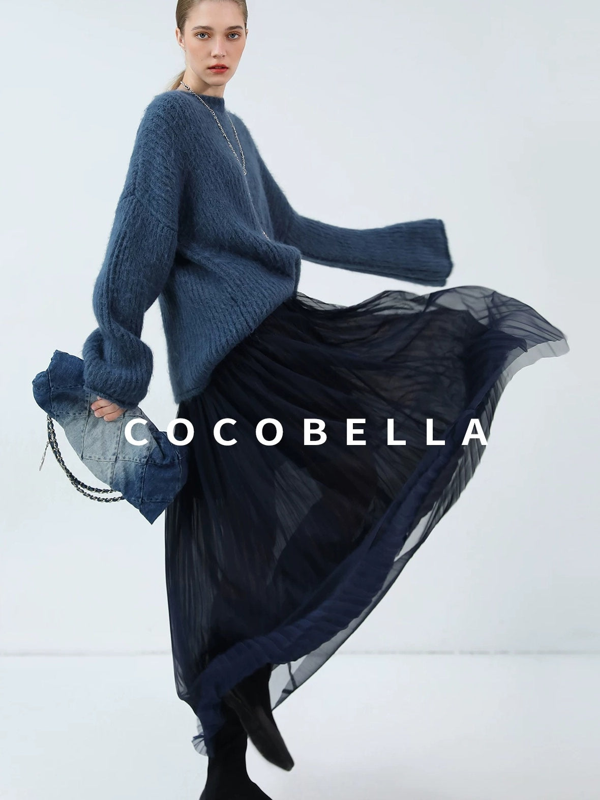 COCOBELLA High Waist Pleated Tulle Bow Elegant A Line Women Polyester Midnight Blue Skirts