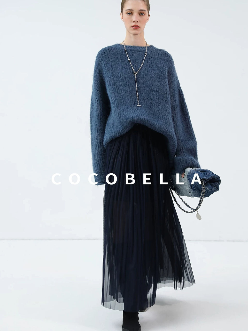 COCOBELLA High Waist Pleated Tulle Bow Elegant A Line Women Polyester Midnight Blue Skirts