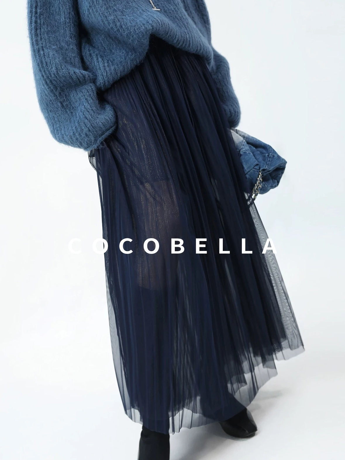 COCOBELLA High Waist Pleated Tulle Bow Elegant A Line Women Polyester Midnight Blue Skirts