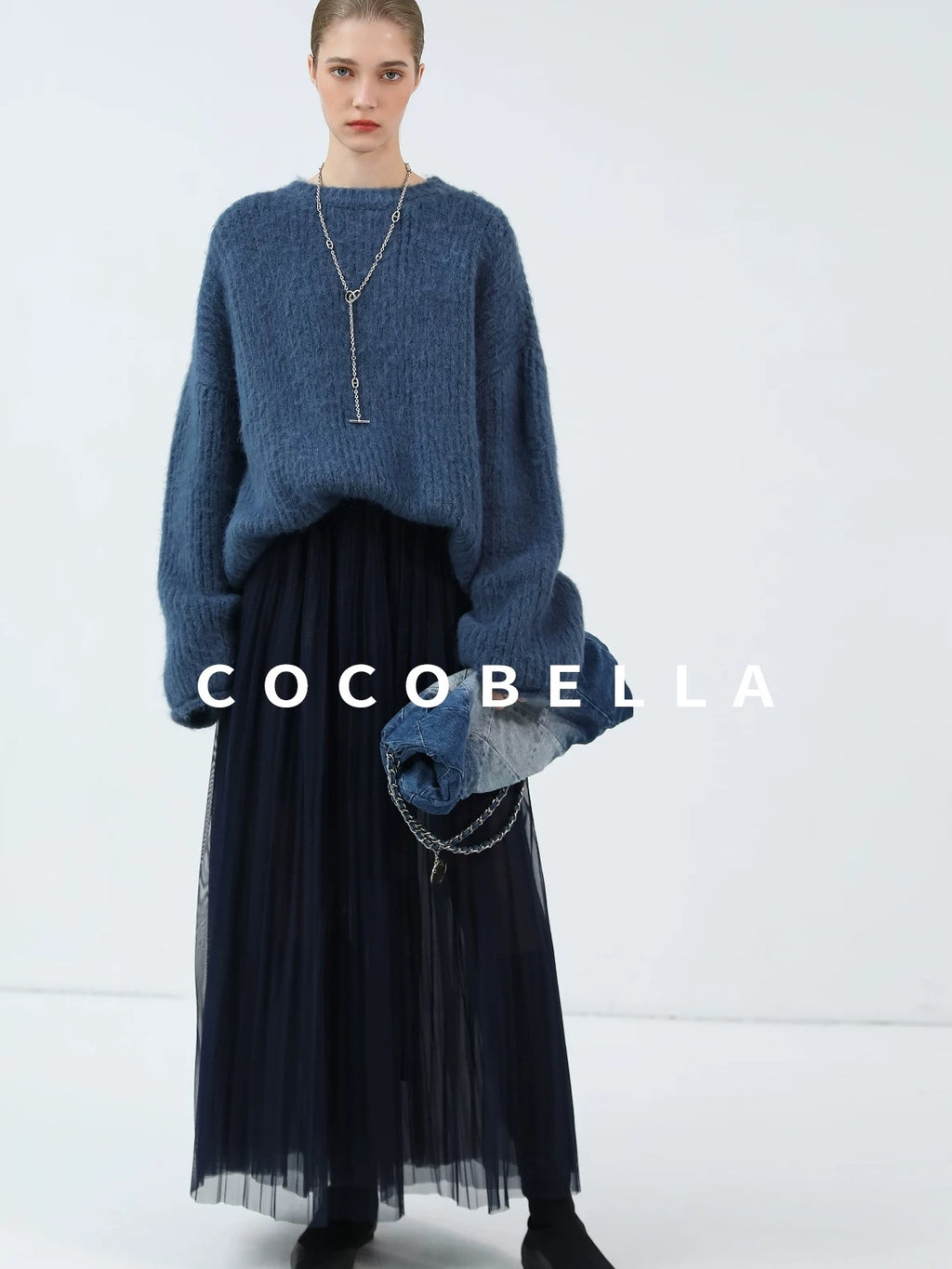COCOBELLA High Waist Pleated Tulle Bow Elegant A Line Women Polyester Midnight Blue Skirts