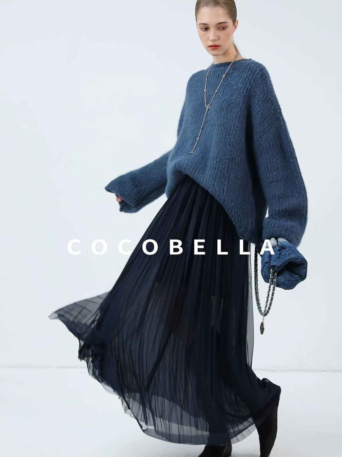 COCOBELLA High Waist Pleated Tulle Bow Elegant A Line Women Polyester Midnight Blue Skirts