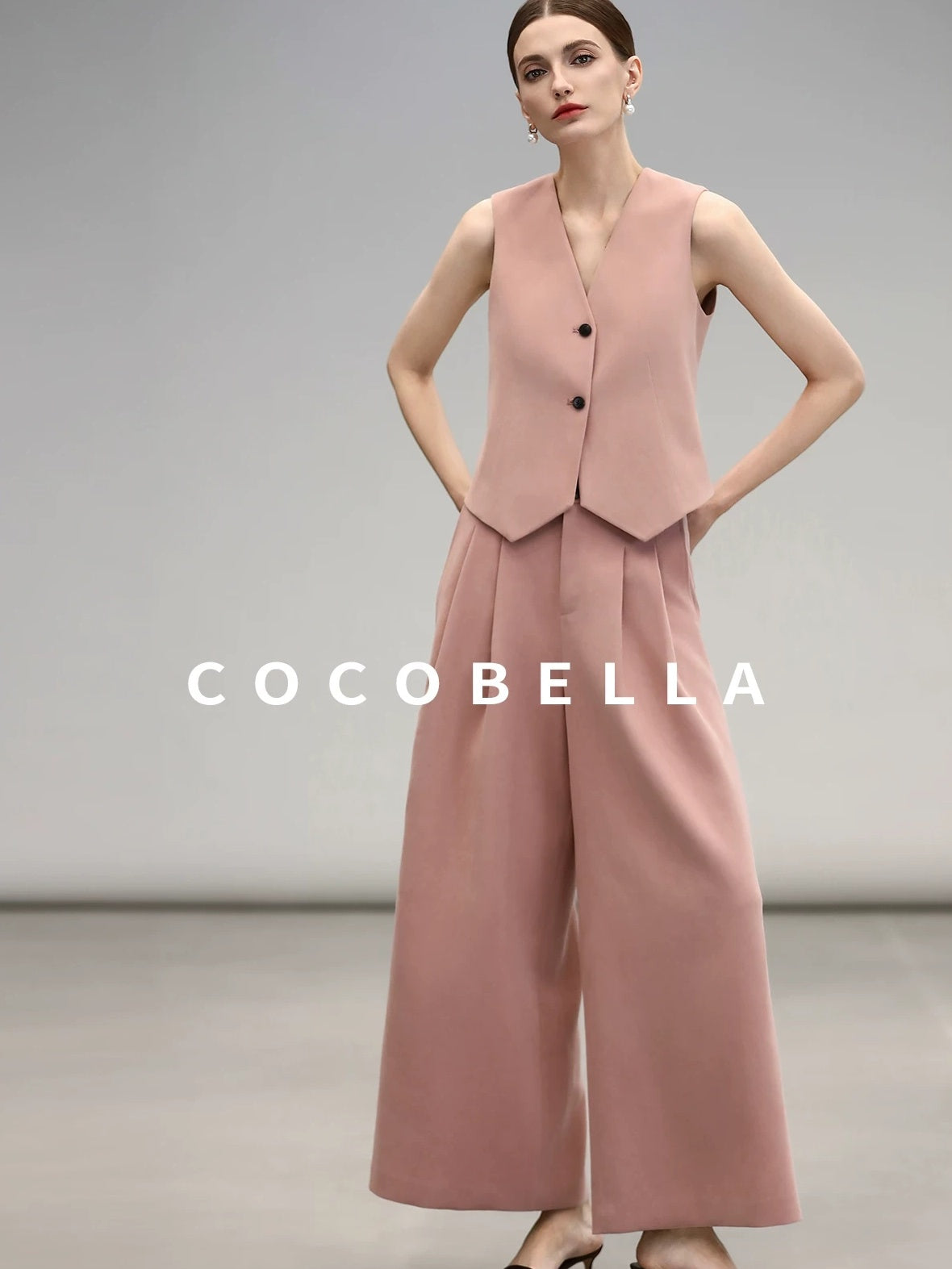 COCOBELLA High Waist Pleated Wide Leg Office Work Ol Style Women Stretch Polyester Pants