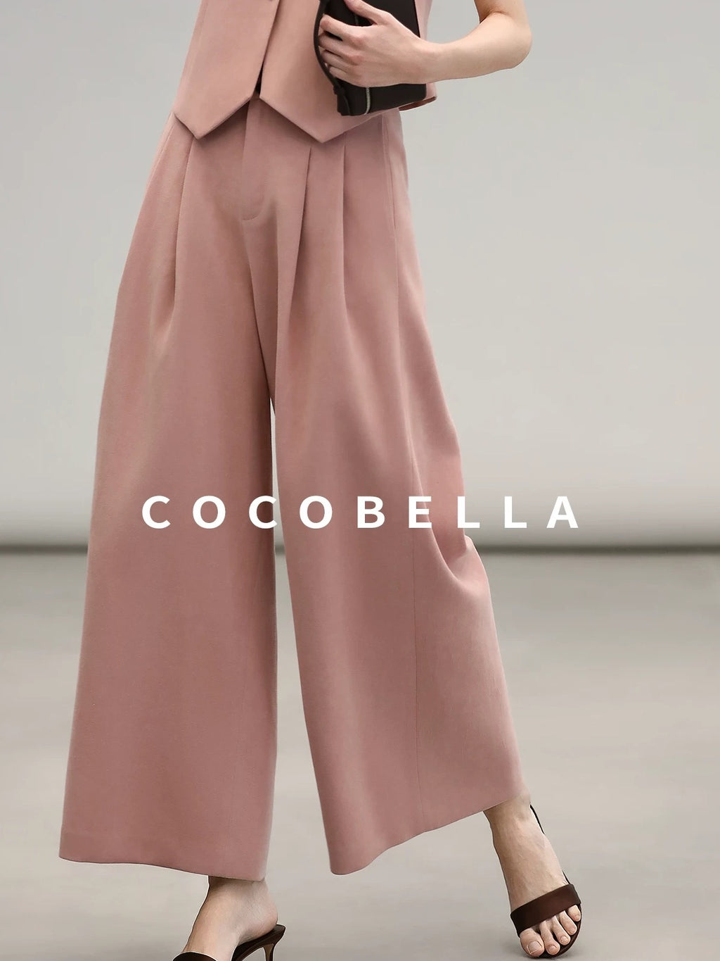COCOBELLA High Waist Pleated Wide Leg Office Work Ol Style Women Stretch Polyester Pants