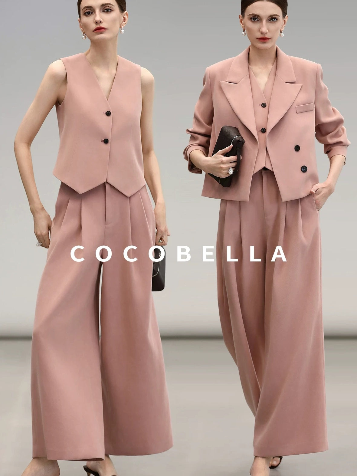 COCOBELLA High Waist Pleated Wide Leg Office Work Ol Style Women Stretch Polyester Pants