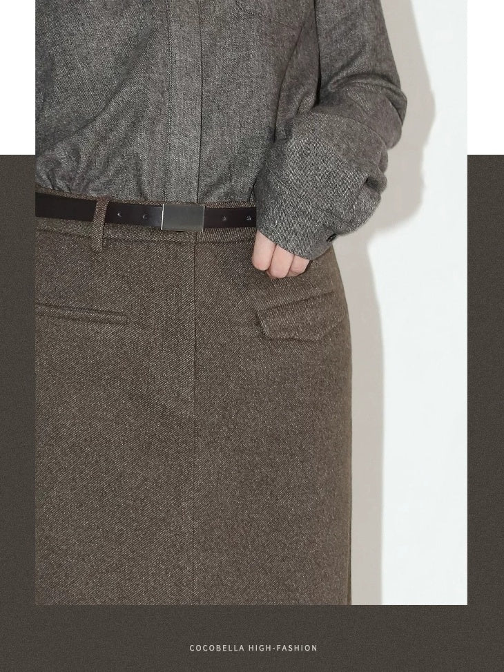 COCOBELLA High Waist Pocket Midi Straight H Line Office Polyester Blend Skirts