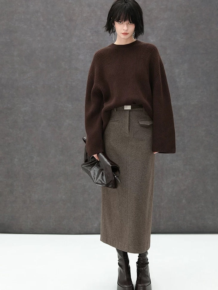 COCOBELLA High Waist Pocket Midi Straight H Line Office Polyester Blend Skirts