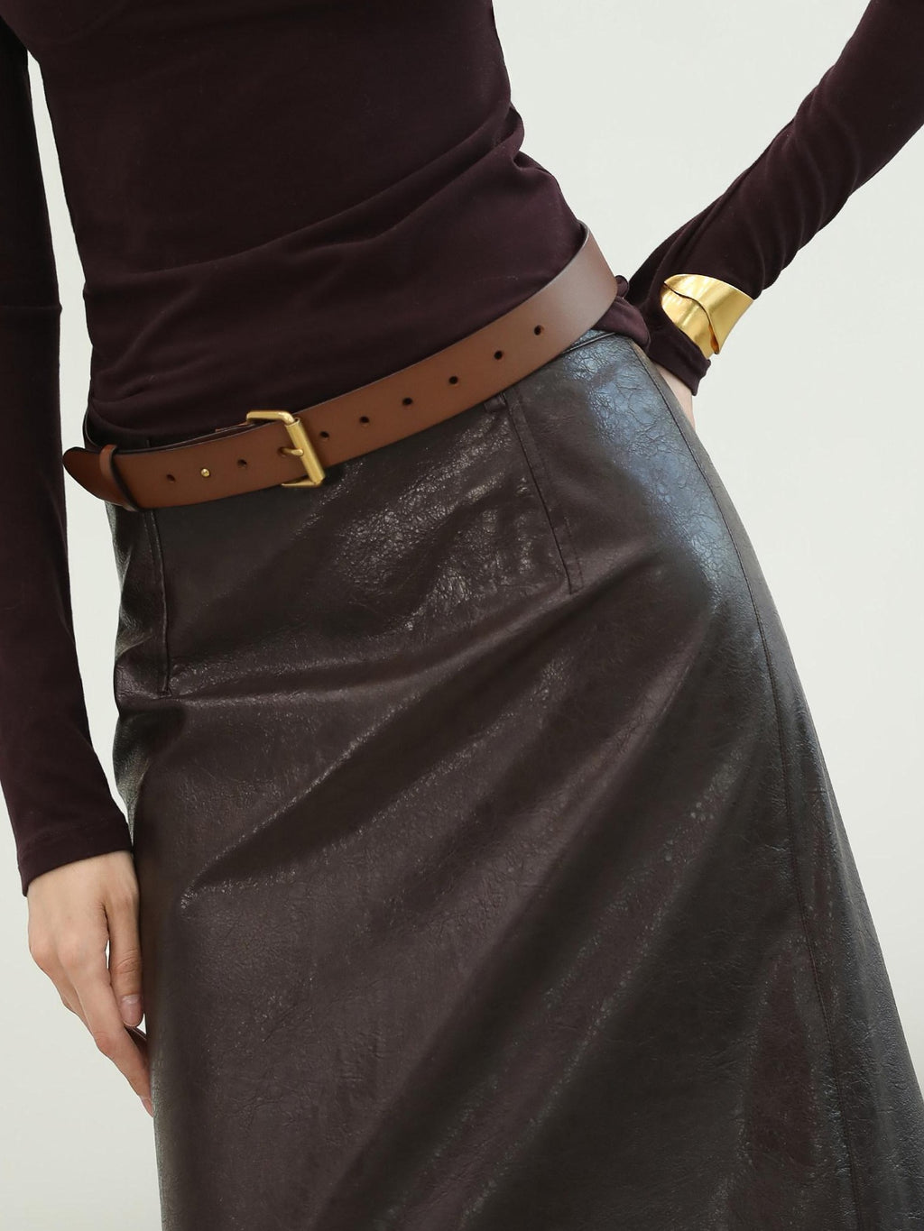 COCOBELLA High Waist Pu Leather Topstitch Slit Vintage Office H Line Maxi Skirts