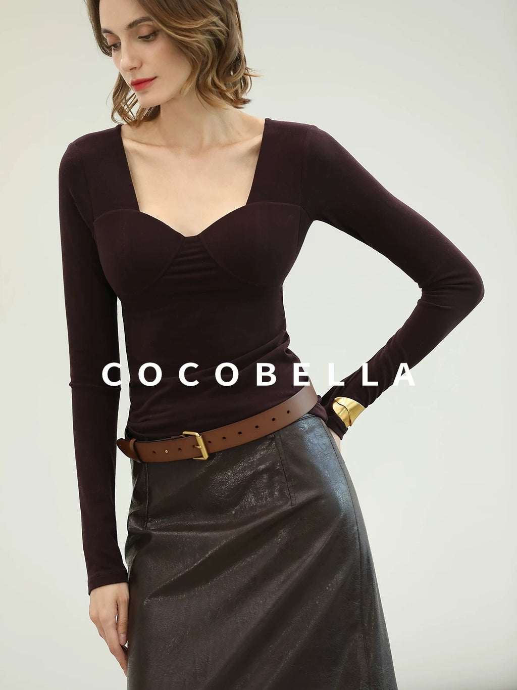 COCOBELLA High Waist Pu Leather Topstitch Slit Vintage Office H Line Maxi Skirts