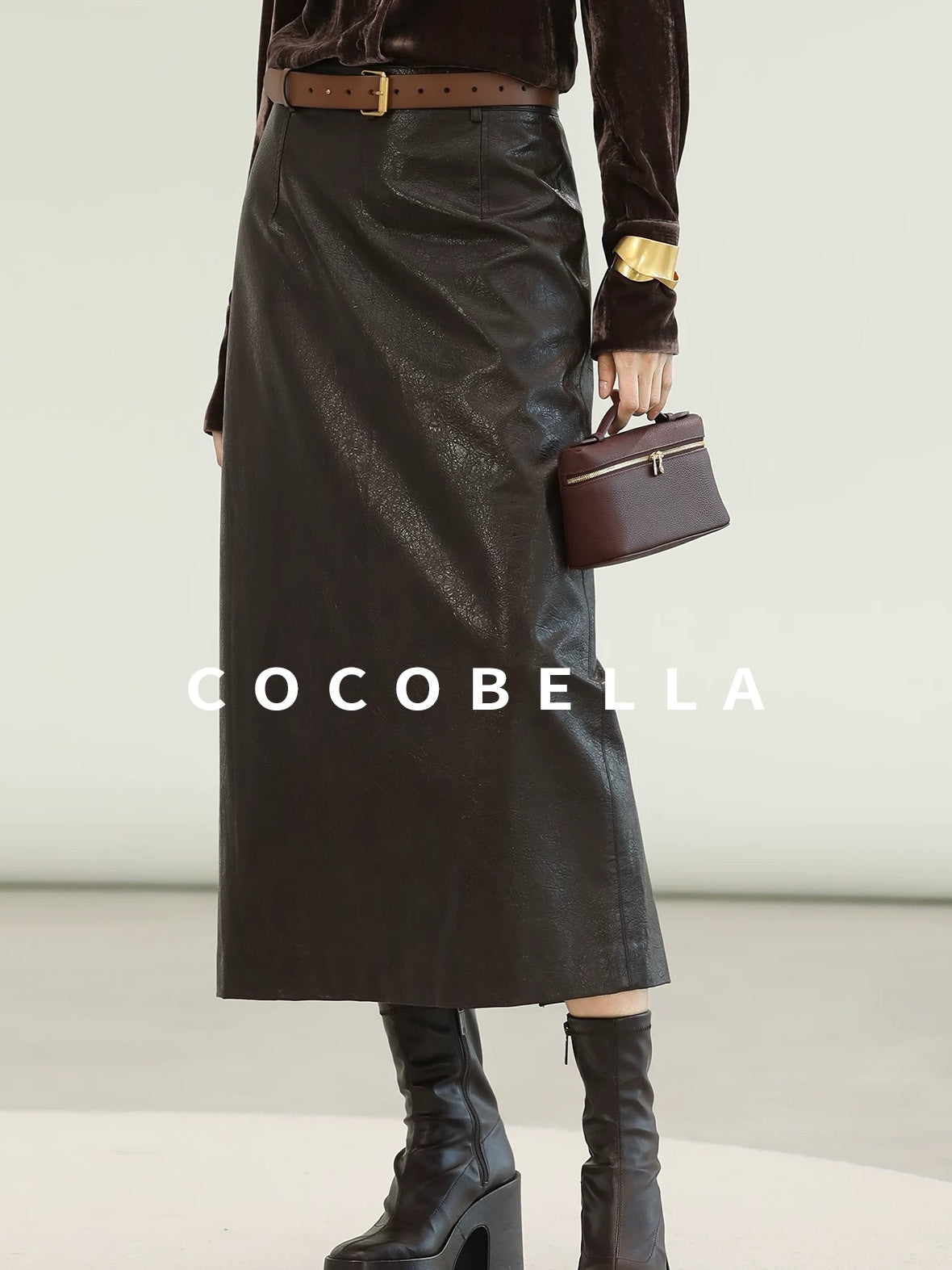 COCOBELLA High Waist Pu Leather Topstitch Slit Vintage Office H Line Maxi Skirts