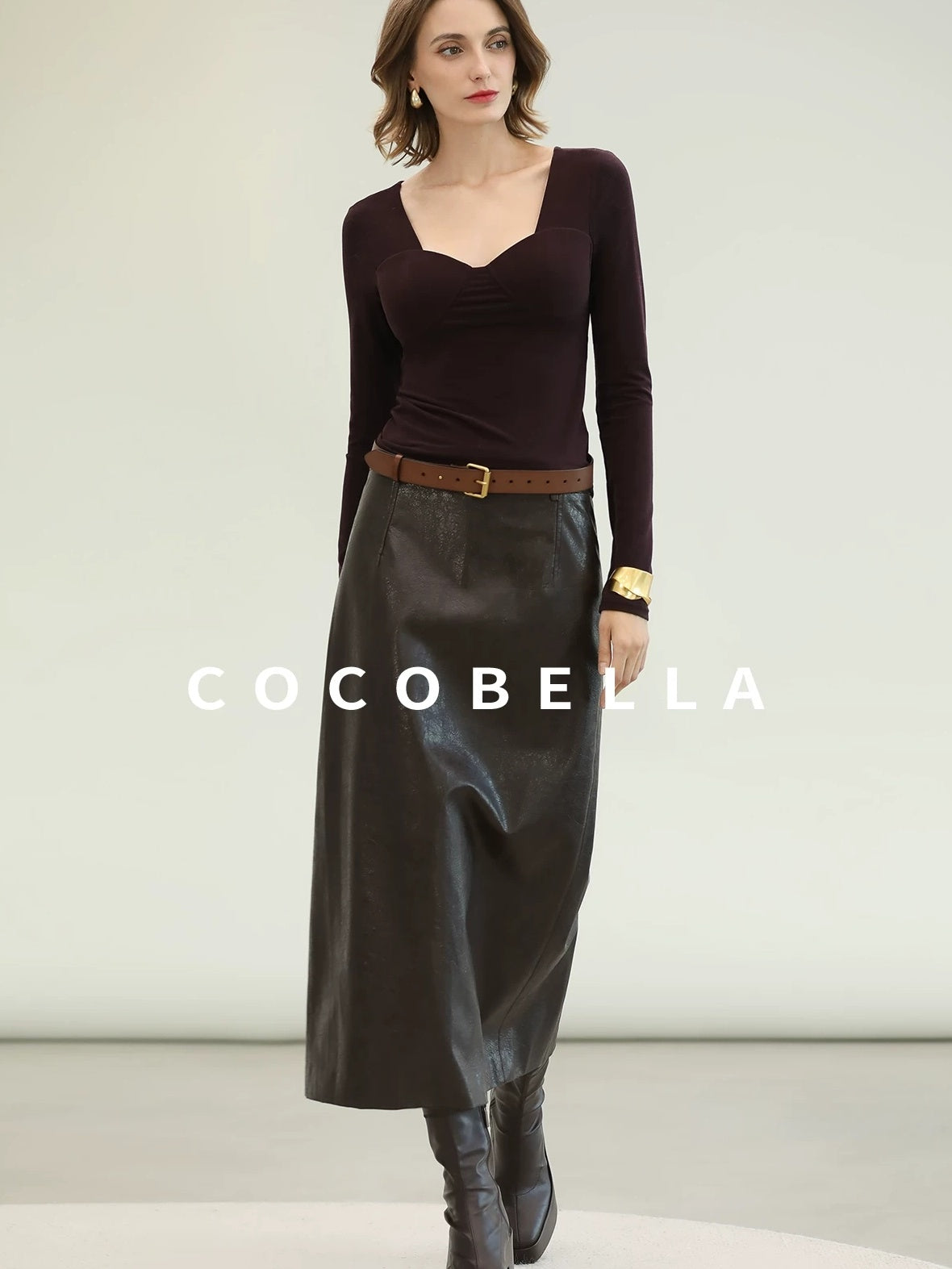 COCOBELLA High Waist Pu Leather Topstitch Slit Vintage Office H Line Maxi Skirts