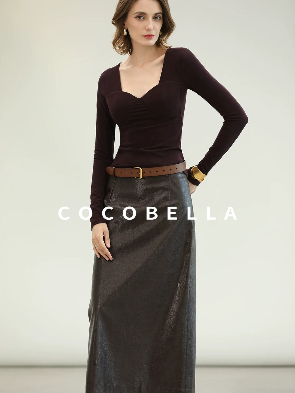 COCOBELLA High Waist Pu Leather Topstitch Slit Vintage Office H Line Maxi Skirts