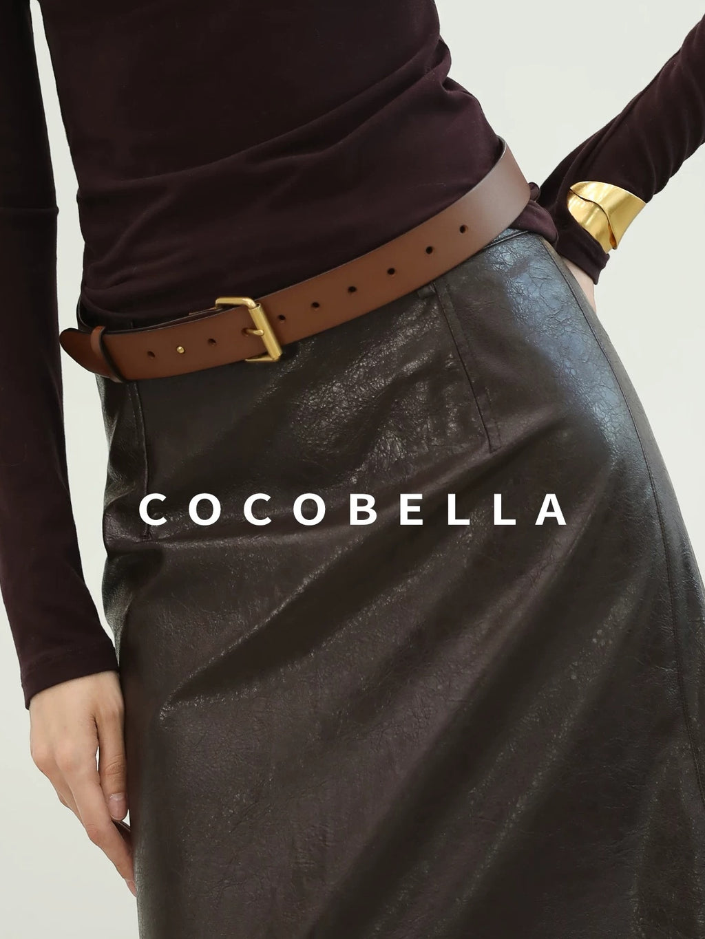 COCOBELLA High Waist Pu Leather Topstitch Slit Vintage Office H Line Maxi Skirts