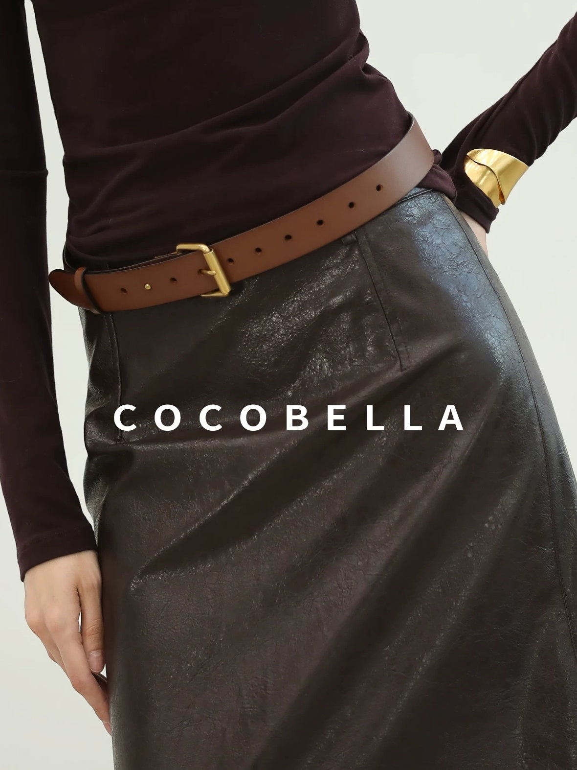 COCOBELLA High Waist Pu Leather Topstitch Slit Vintage Office H Line Maxi Skirts