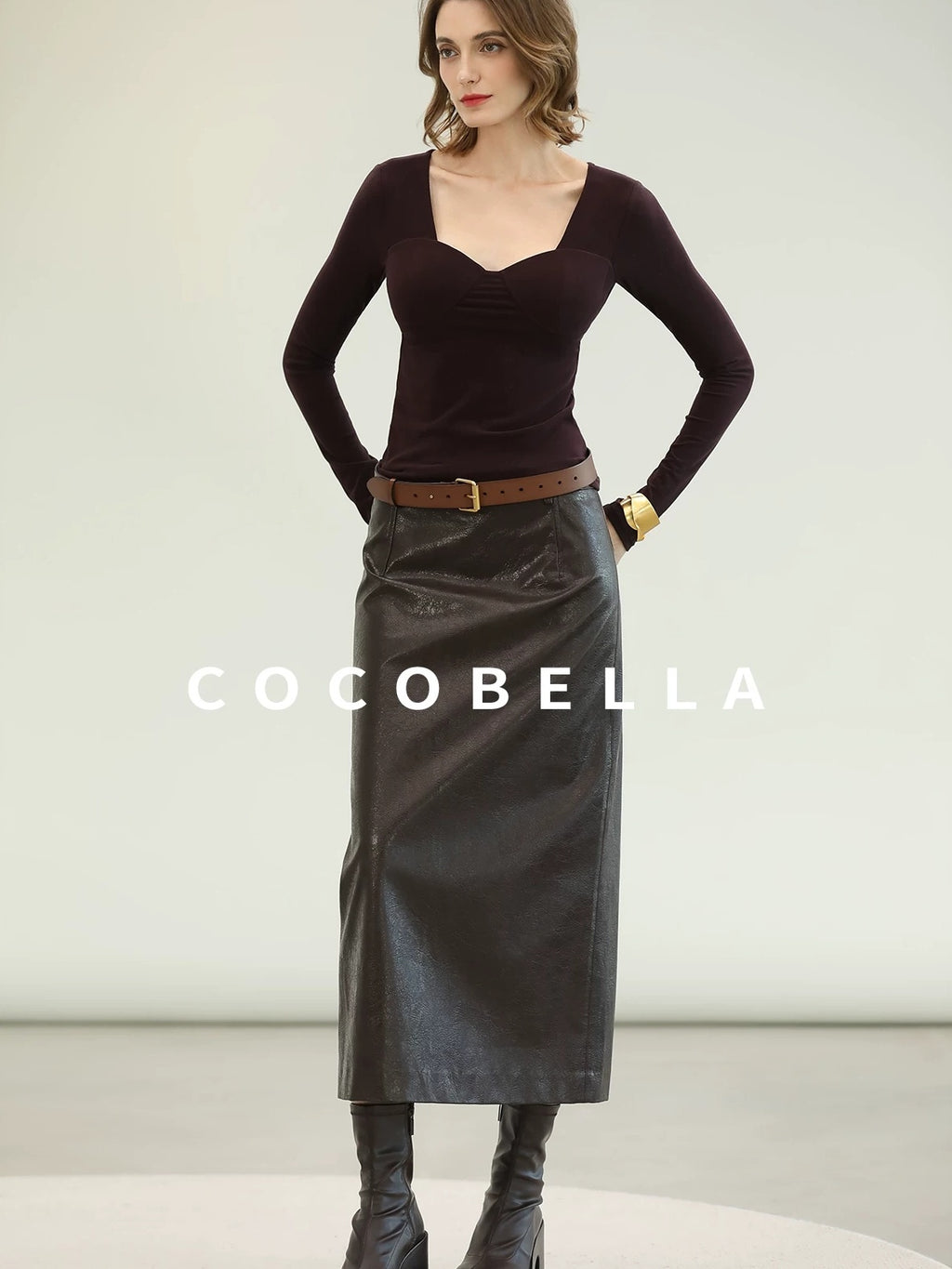 COCOBELLA High Waist Pu Leather Topstitch Slit Vintage Office H Line Maxi Skirts