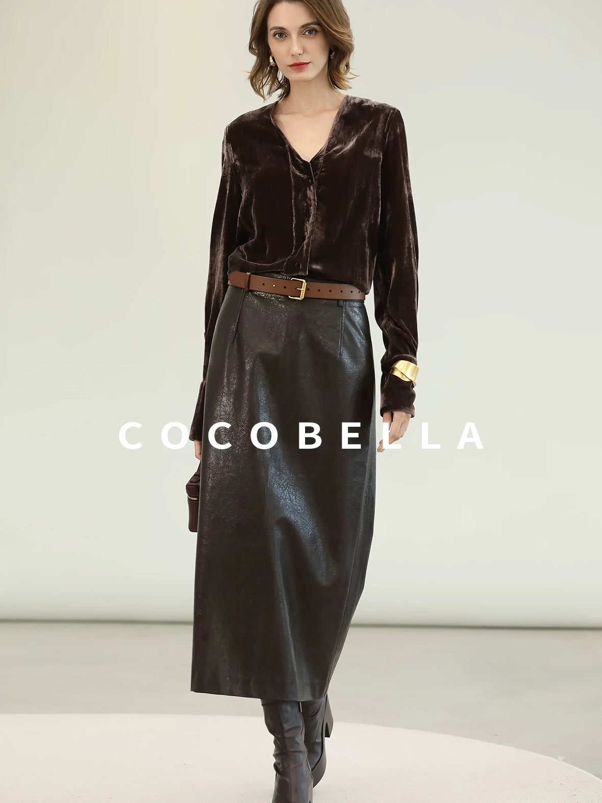 COCOBELLA High Waist Pu Leather Topstitch Slit Vintage Office H Line Maxi Skirts
