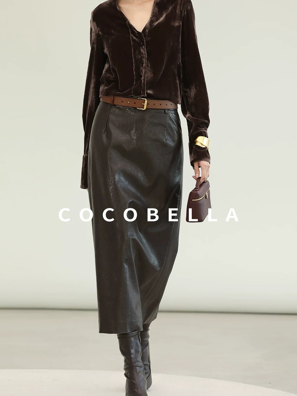 COCOBELLA High Waist Pu Leather Topstitch Slit Vintage Office H Line Maxi Skirts