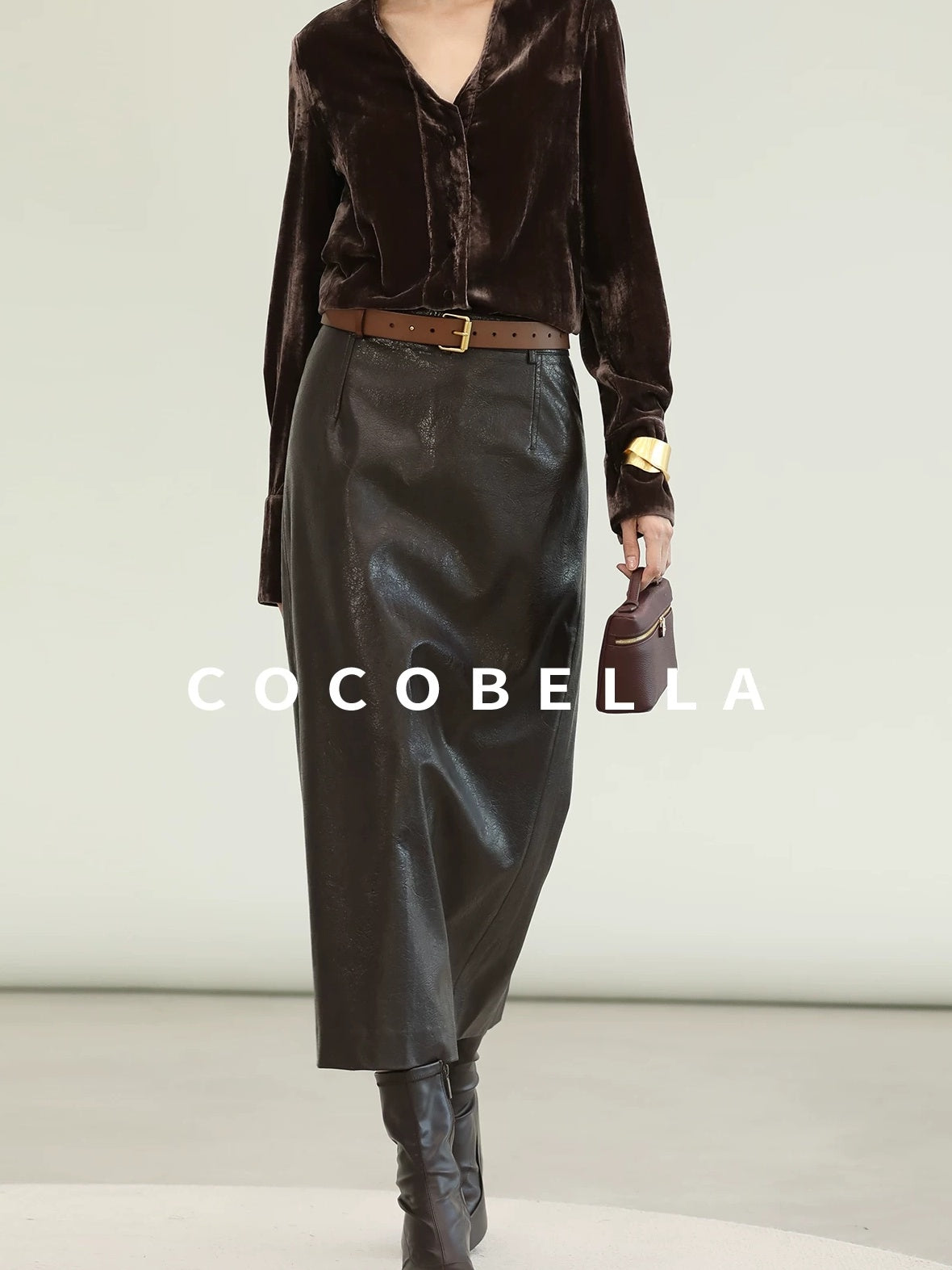 COCOBELLA High Waist Pu Leather Topstitch Slit Vintage Office H Line Maxi Skirts