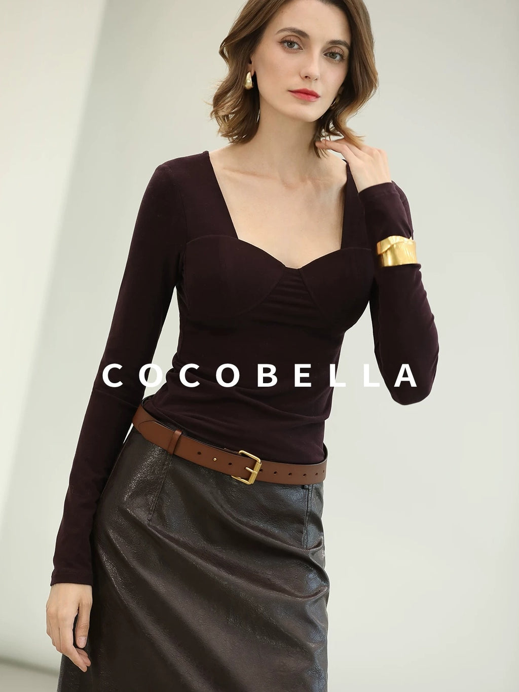 COCOBELLA High Waist Pu Leather Topstitch Slit Vintage Office H Line Maxi Skirts