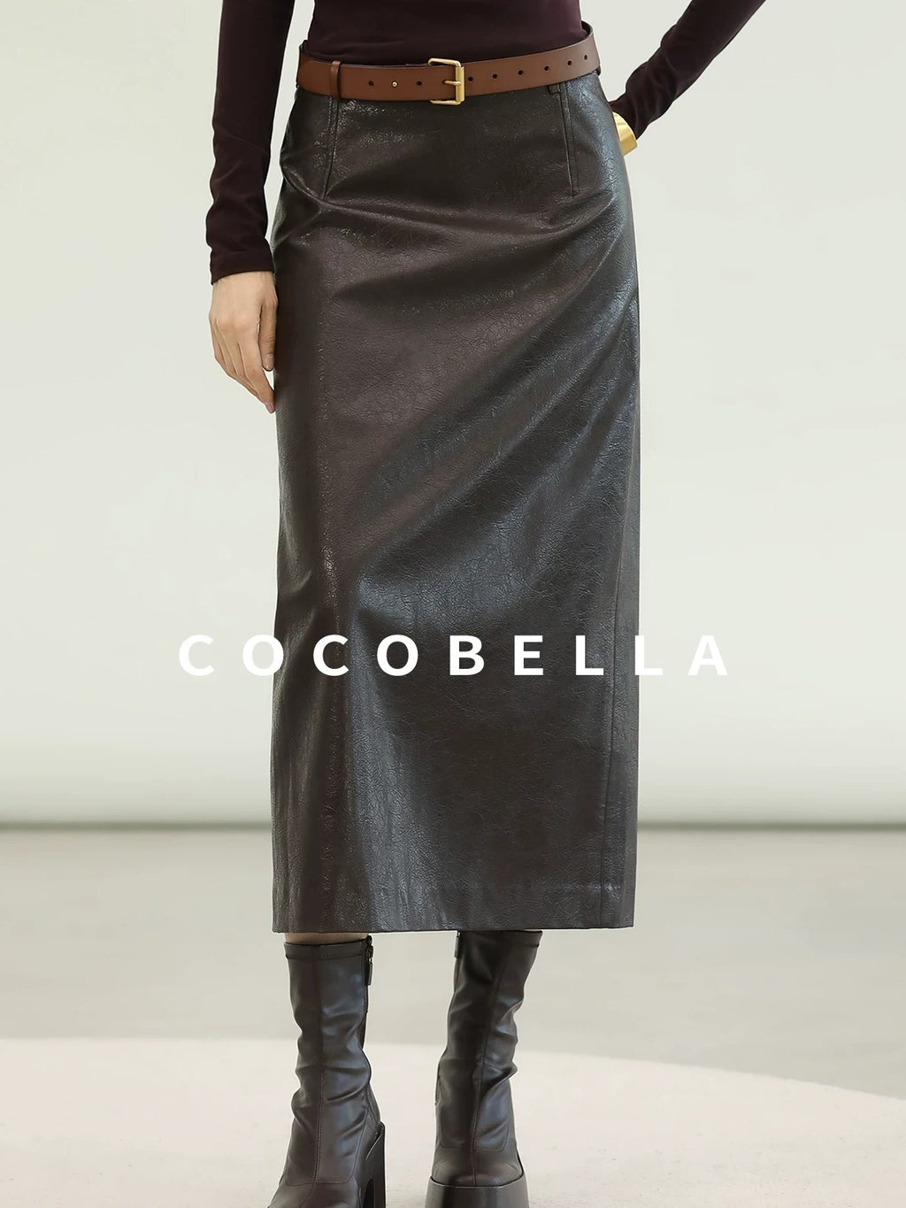COCOBELLA High Waist Pu Leather Topstitch Slit Vintage Office H Line Maxi Skirts