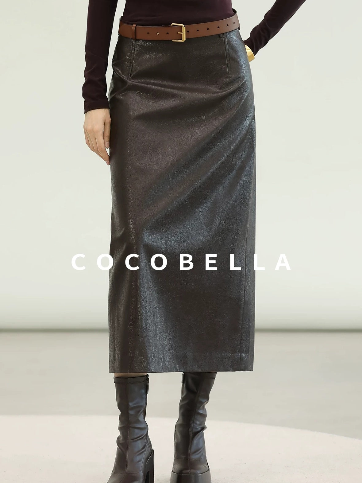 COCOBELLA High Waist Pu Leather Topstitch Slit Vintage Office H Line Maxi Skirts