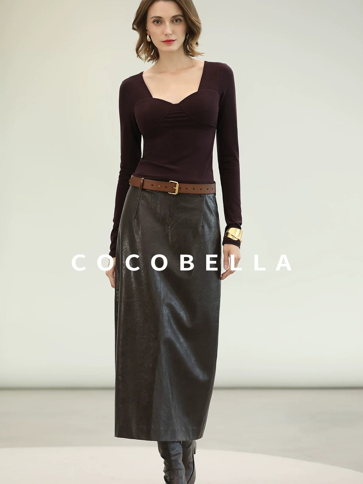 COCOBELLA High Waist Pu Leather Topstitch Slit Vintage Office H Line Maxi Skirts