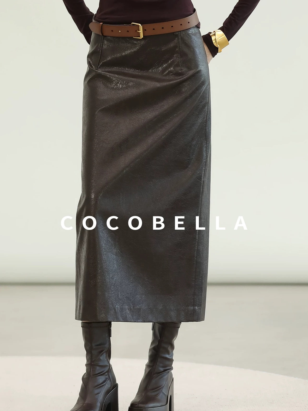 COCOBELLA High Waist Pu Leather Topstitch Slit Vintage Office H Line Maxi Skirts