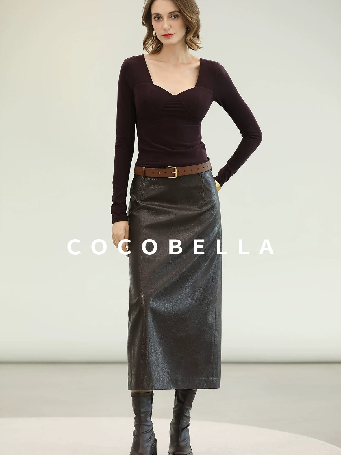 COCOBELLA High Waist Pu Leather Topstitch Slit Vintage Office H Line Maxi Skirts