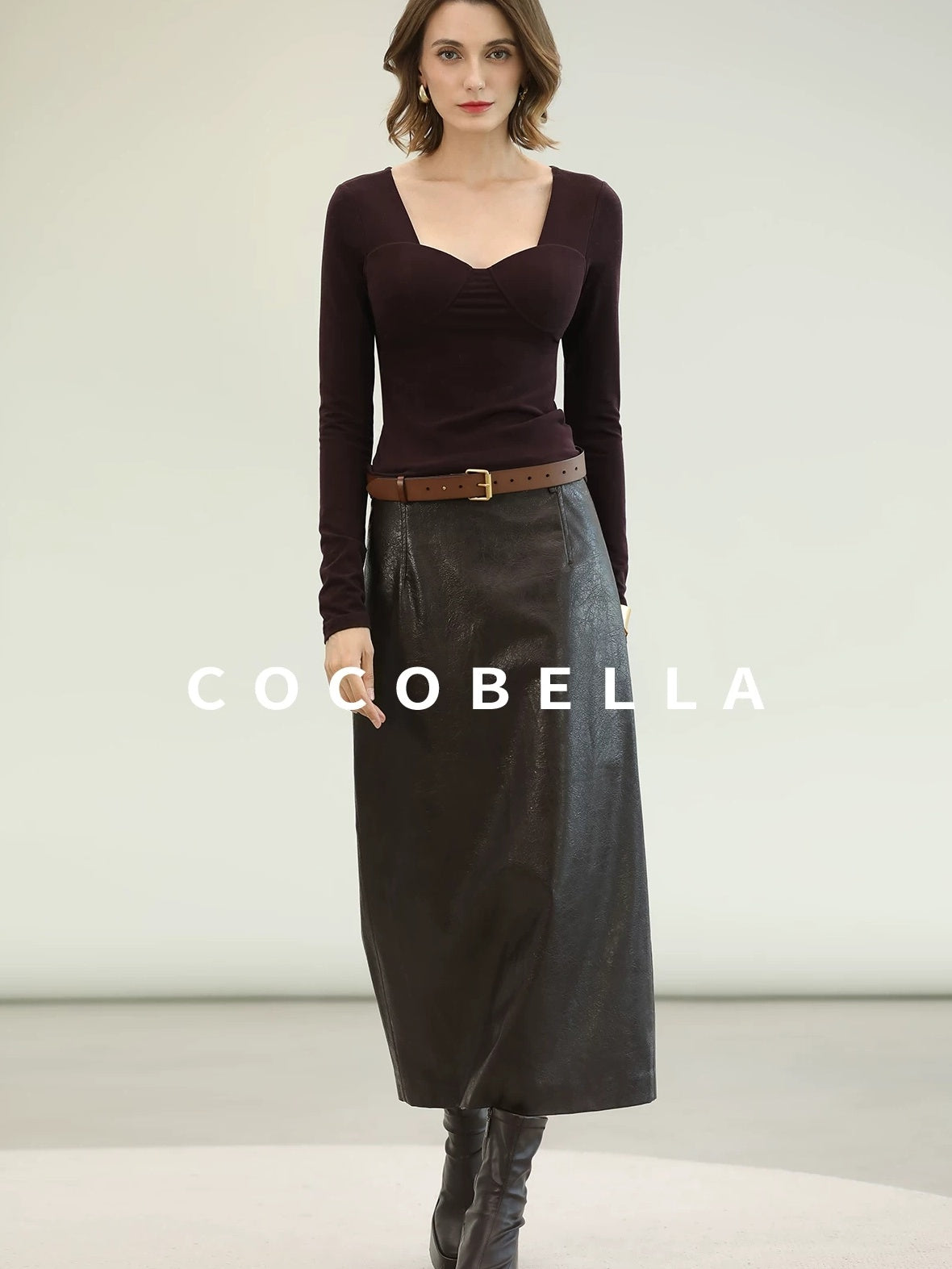 COCOBELLA High Waist Pu Leather Topstitch Slit Vintage Office H Line Maxi Skirts