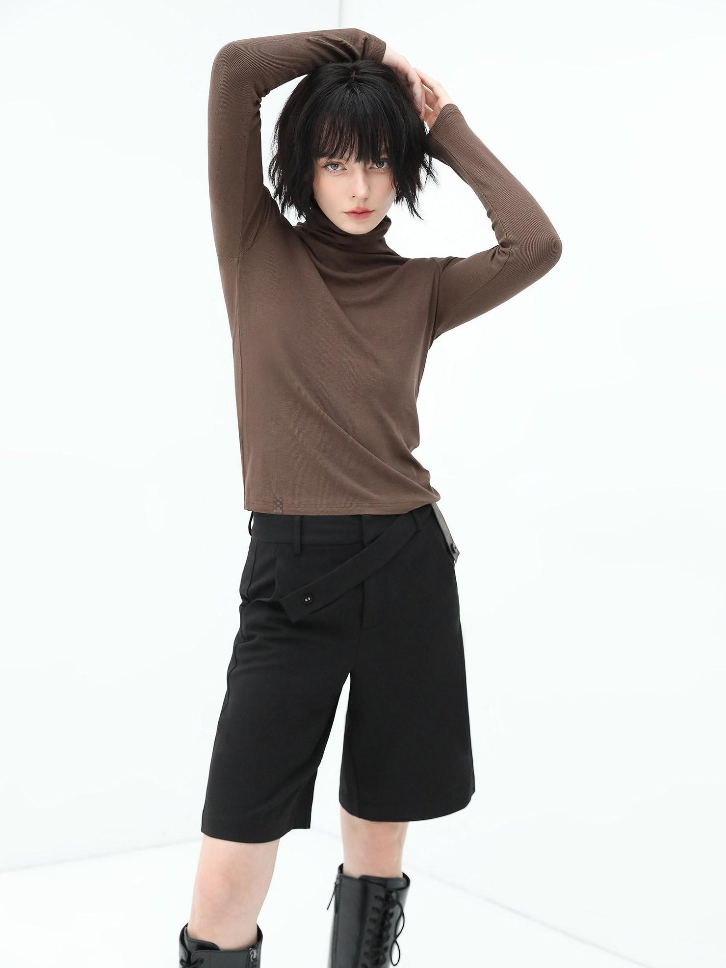 COCOBELLA High Waist Pu Straight Leg 3D Embellished Office Workwear Black Pants