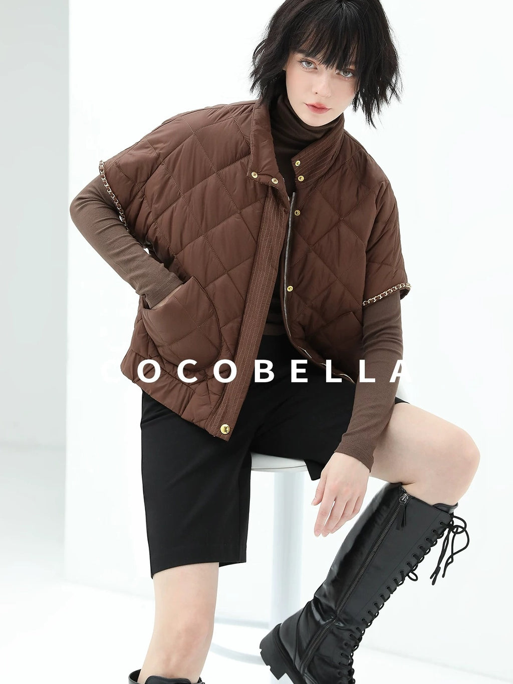 COCOBELLA High Waist Pu Straight Leg 3D Embellished Office Workwear Black Pants