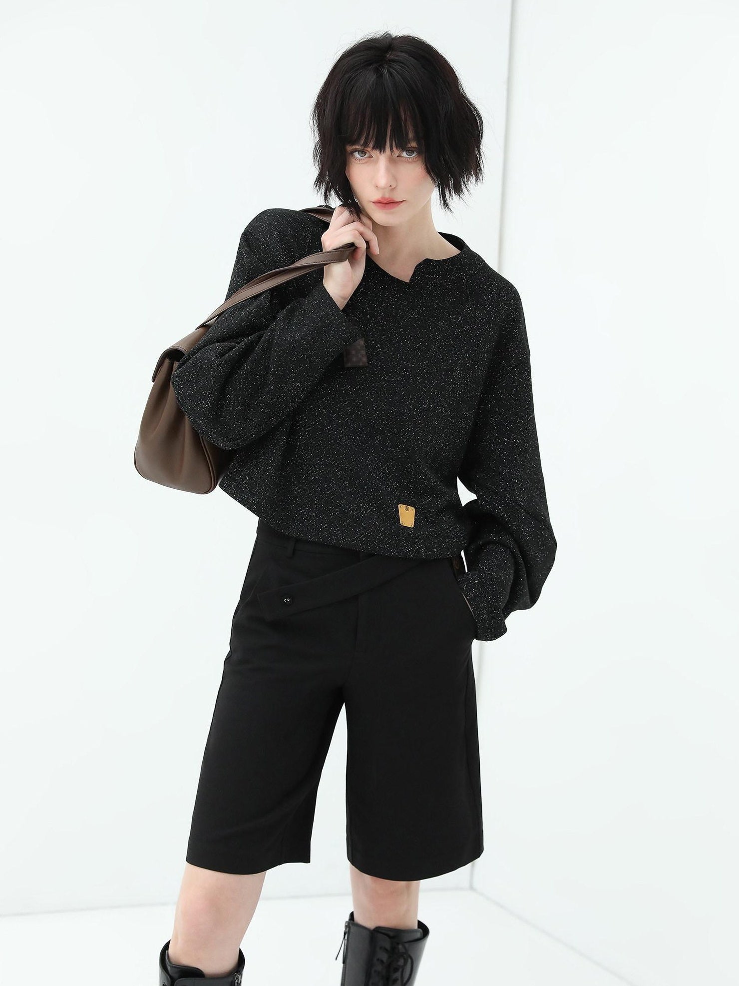 COCOBELLA High Waist Pu Straight Leg 3D Embellished Office Workwear Black Pants