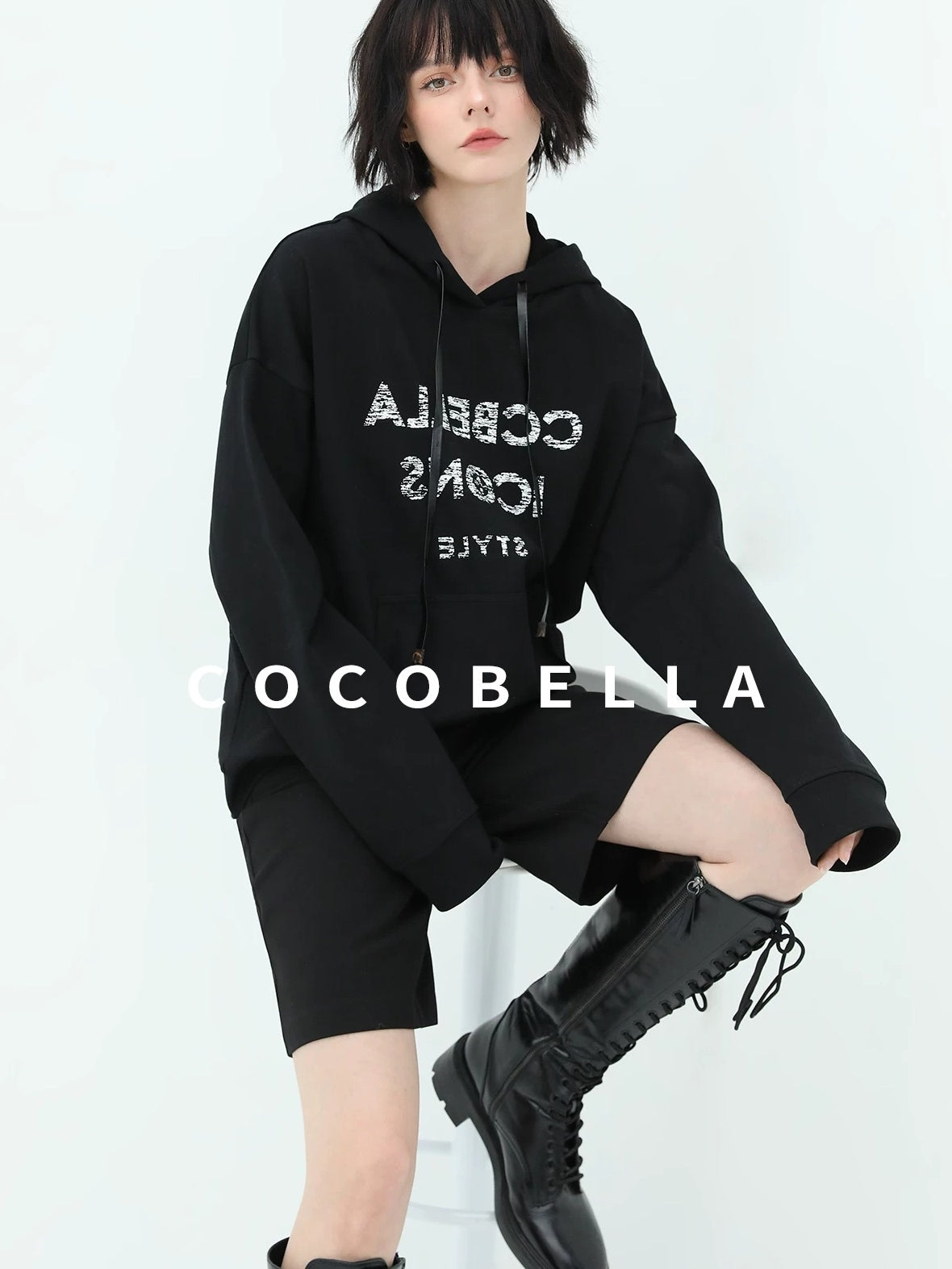 COCOBELLA High Waist Pu Straight Leg 3D Embellished Office Workwear Black Pants