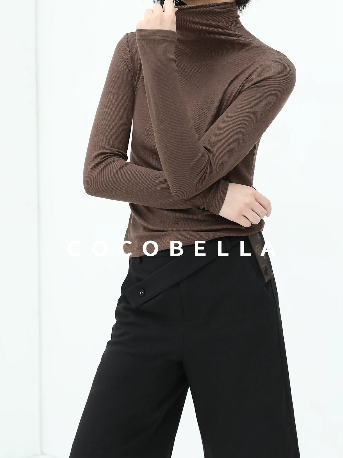 COCOBELLA High Waist Pu Straight Leg 3D Embellished Office Workwear Black Pants