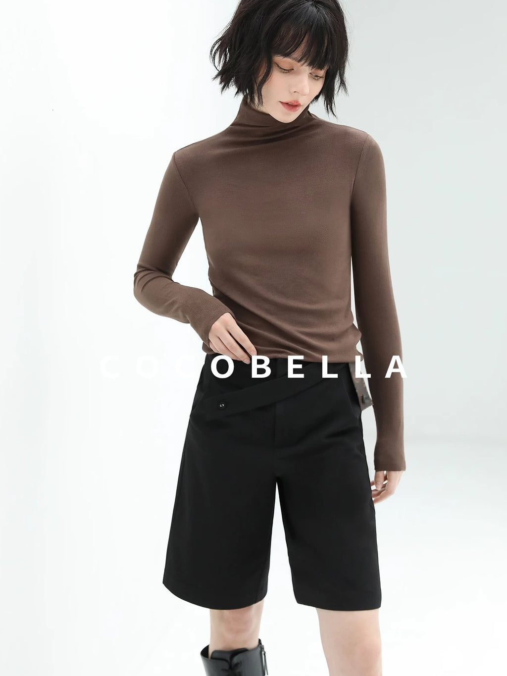 COCOBELLA High Waist Pu Straight Leg 3D Embellished Office Workwear Black Pants