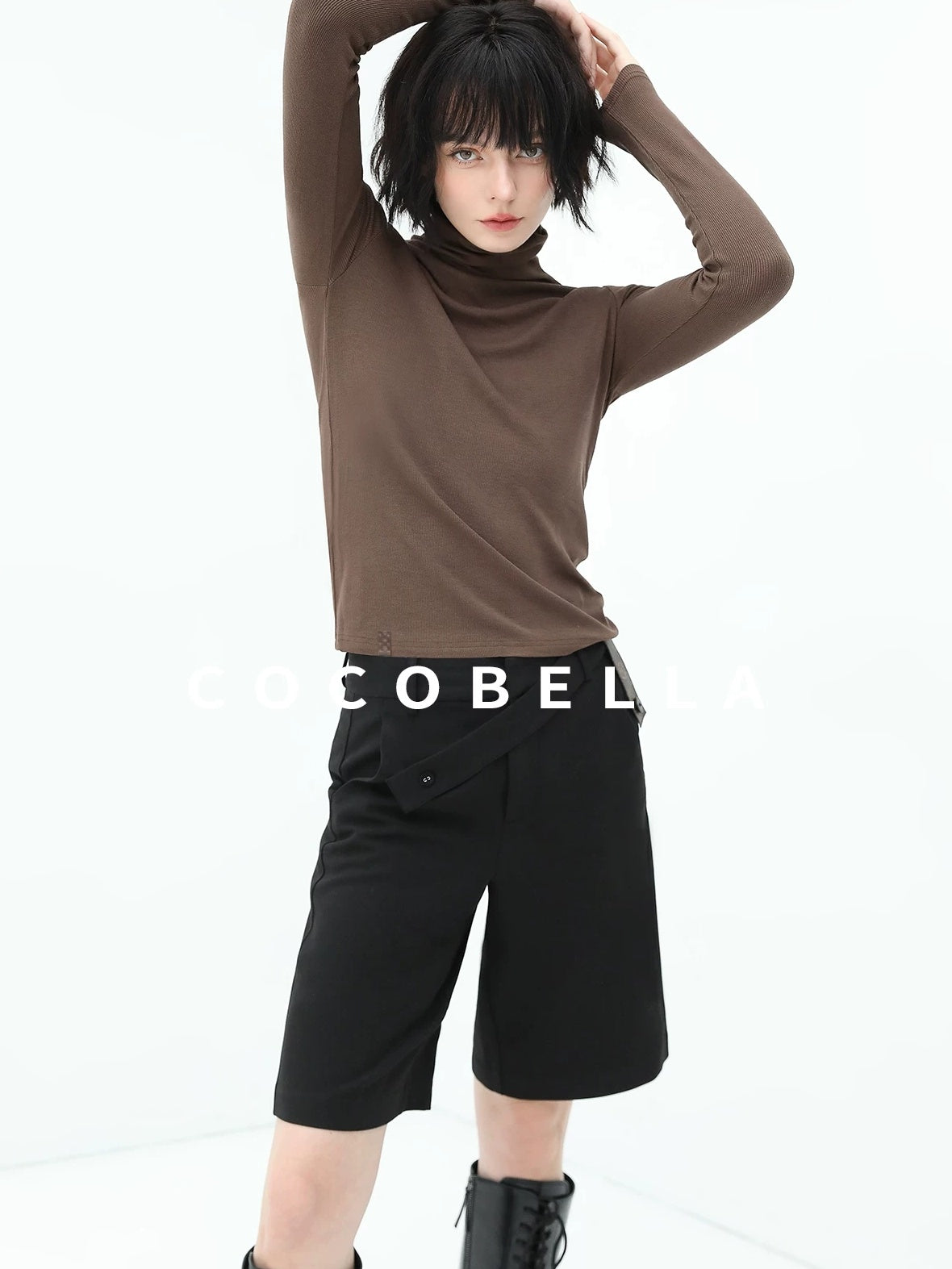 COCOBELLA High Waist Pu Straight Leg 3D Embellished Office Workwear Black Pants