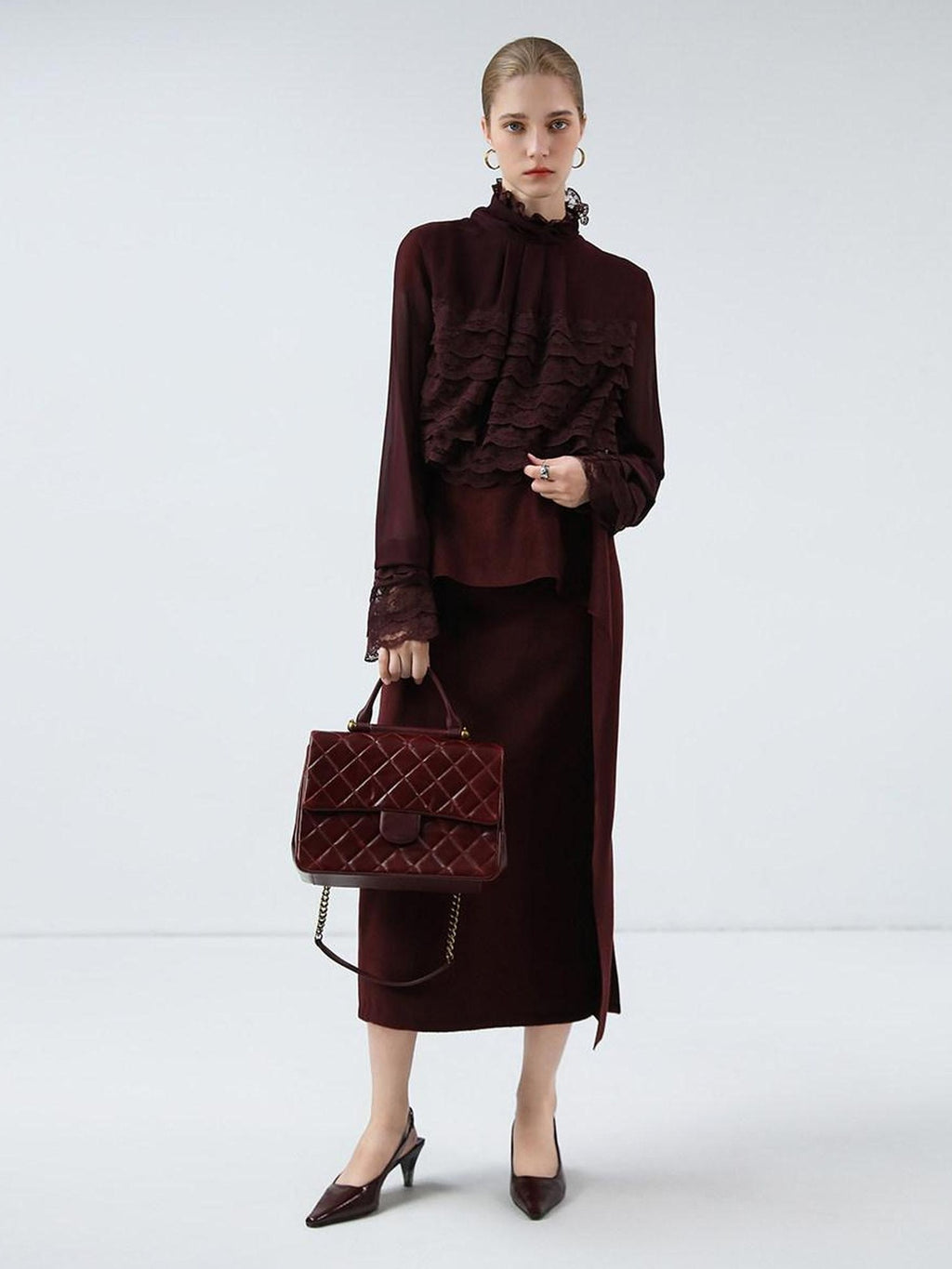 COCOBELLA High Waist Ruffle Asymmetric Slit H Line Office Work Midi Straight Skirts