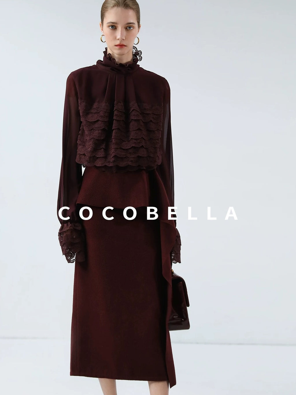 COCOBELLA High Waist Ruffle Asymmetric Slit H Line Office Work Midi Straight Skirts