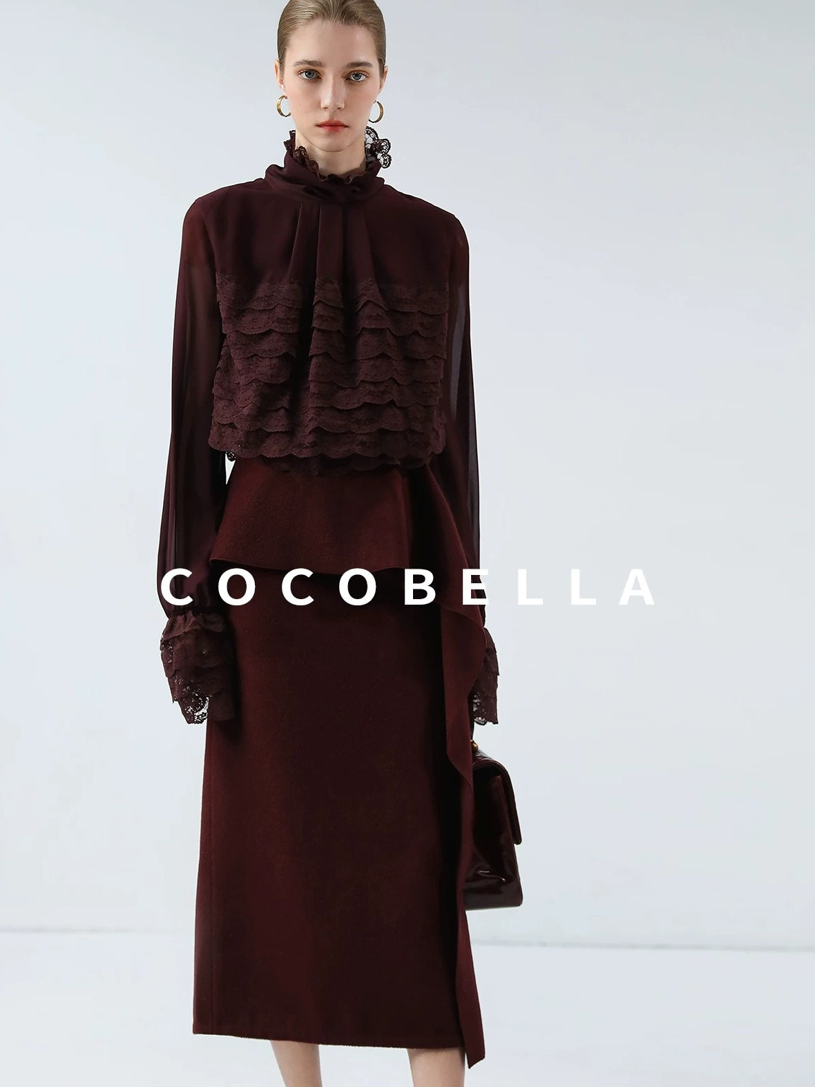 COCOBELLA High Waist Ruffle Asymmetric Slit H Line Office Work Midi Straight Skirts