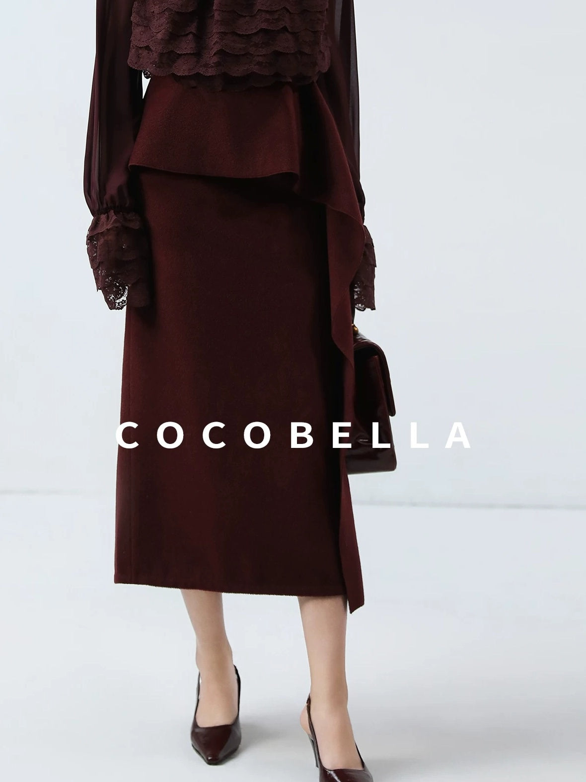 COCOBELLA High Waist Ruffle Asymmetric Slit H Line Office Work Midi Straight Skirts