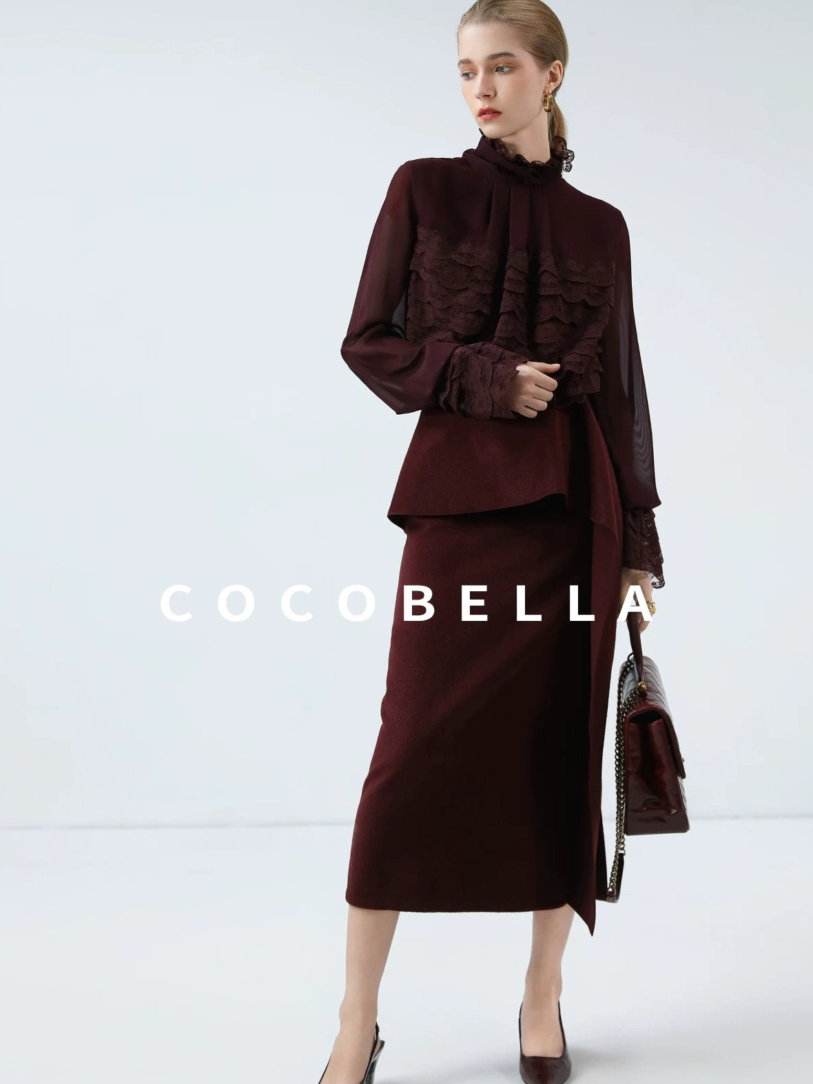 COCOBELLA High Waist Ruffle Asymmetric Slit H Line Office Work Midi Straight Skirts