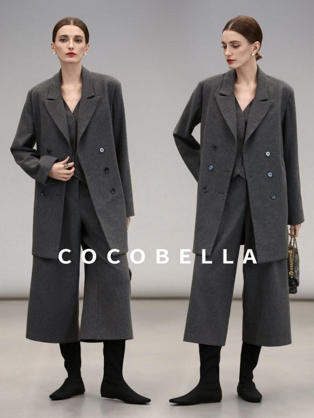 COCOBELLA High Waist Sculpted Tailored Wide Leg Office Chic Paris Gray Wool Blend Pants