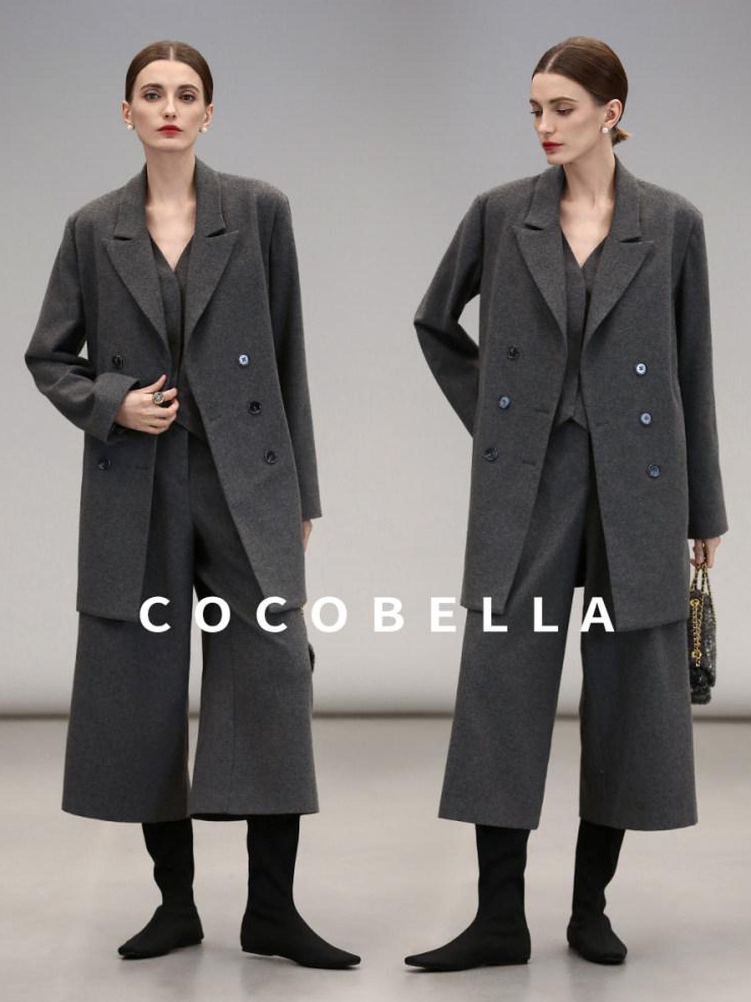 COCOBELLA High Waist Sculpted Tailored Wide Leg Office Chic Paris Gray Wool Blend Pants