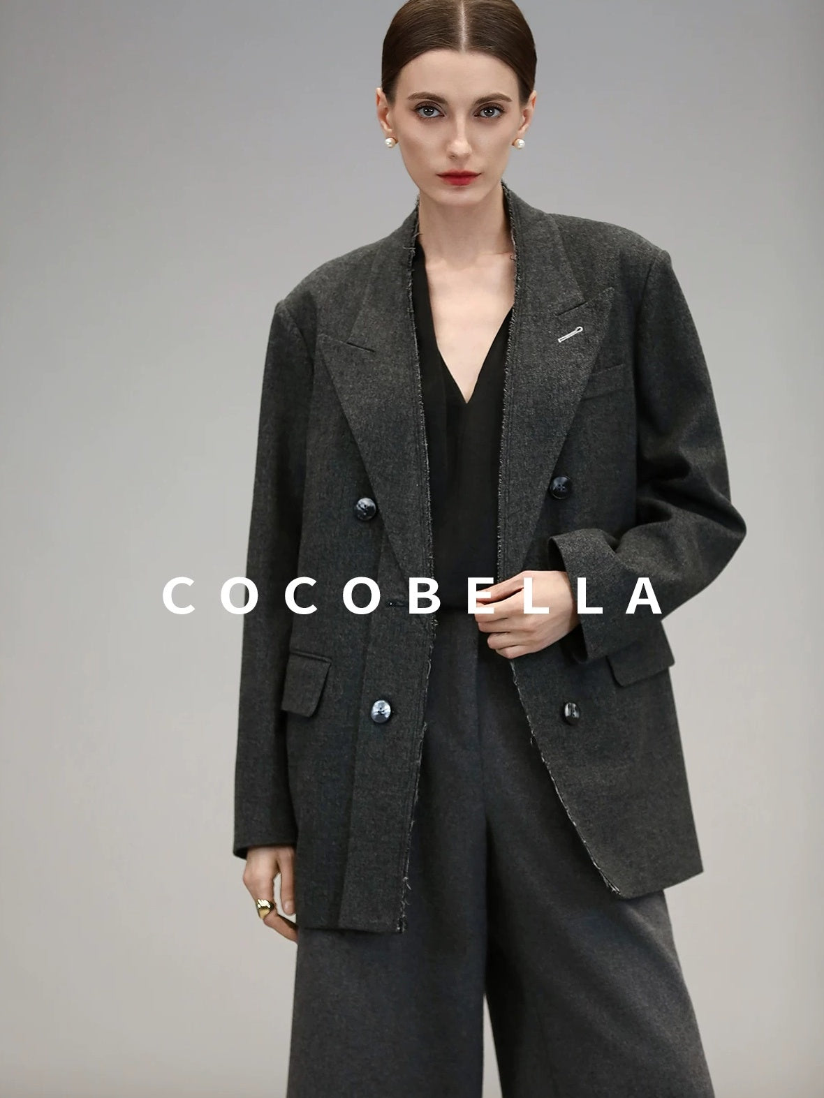 COCOBELLA High Waist Sculpted Tailored Wide Leg Office Chic Paris Gray Wool Blend Pants