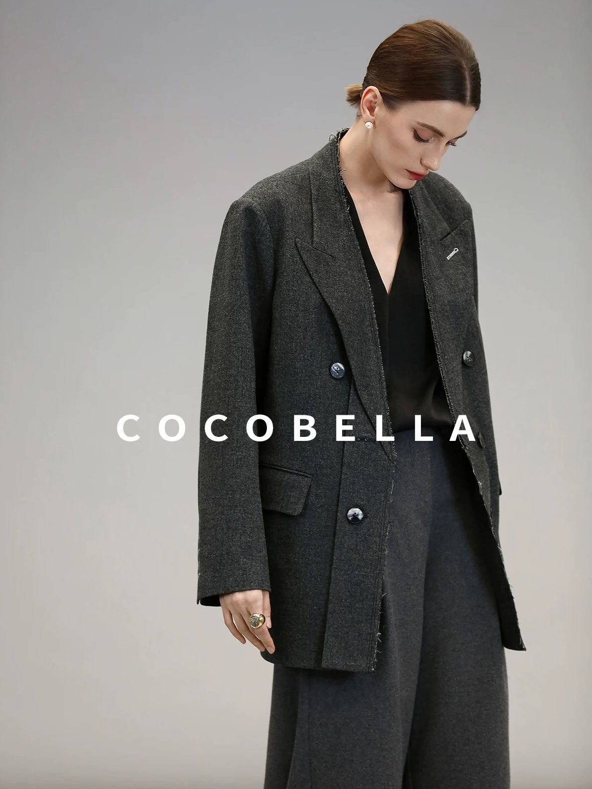 COCOBELLA High Waist Sculpted Tailored Wide Leg Office Chic Paris Gray Wool Blend Pants