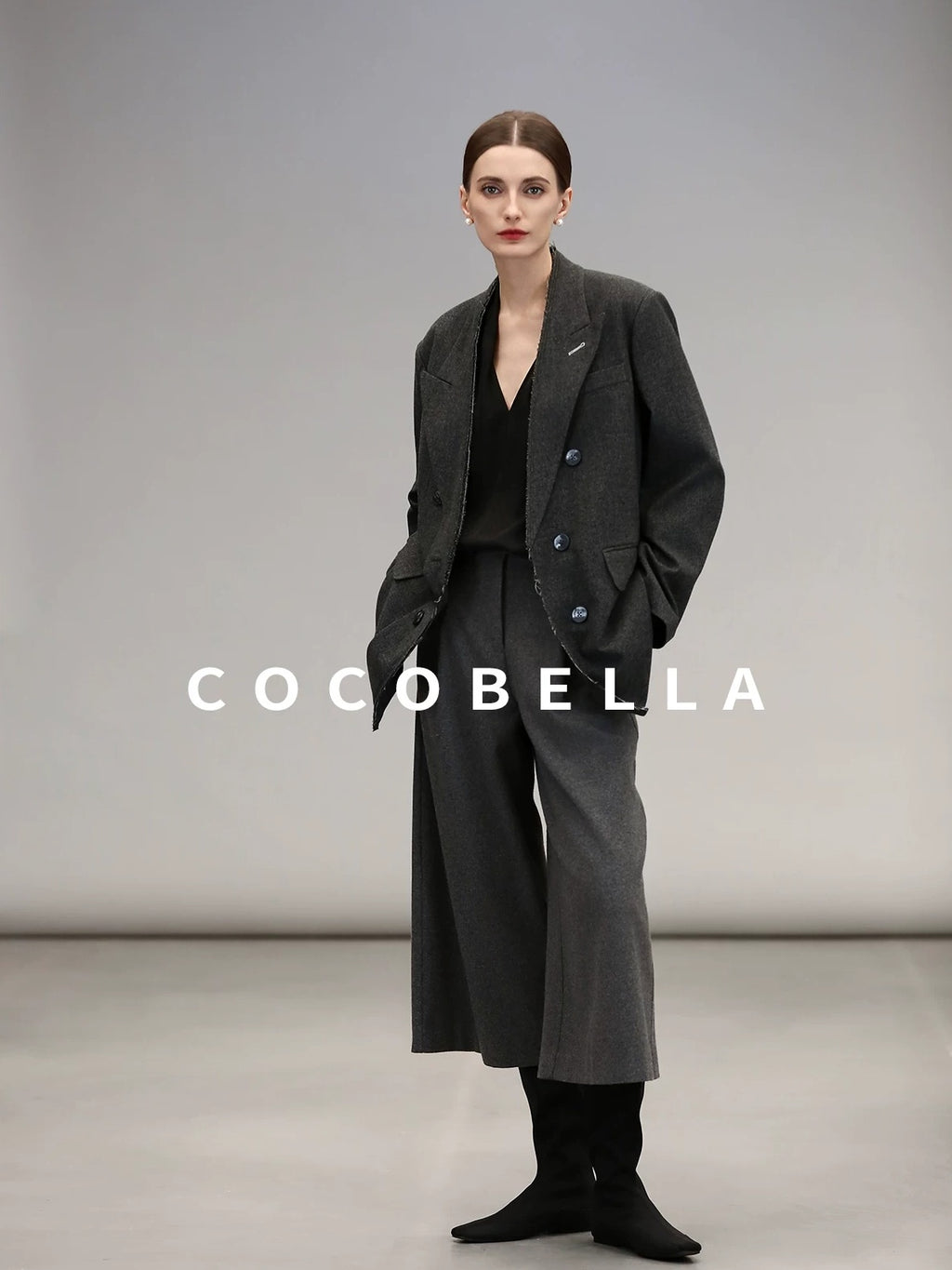 COCOBELLA High Waist Sculpted Tailored Wide Leg Office Chic Paris Gray Wool Blend Pants